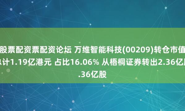 股票配资票配资论坛 万维智能科技(00209)转仓市值总计1.19亿港元 占比16.06% 从梧桐证券转出2.36亿股